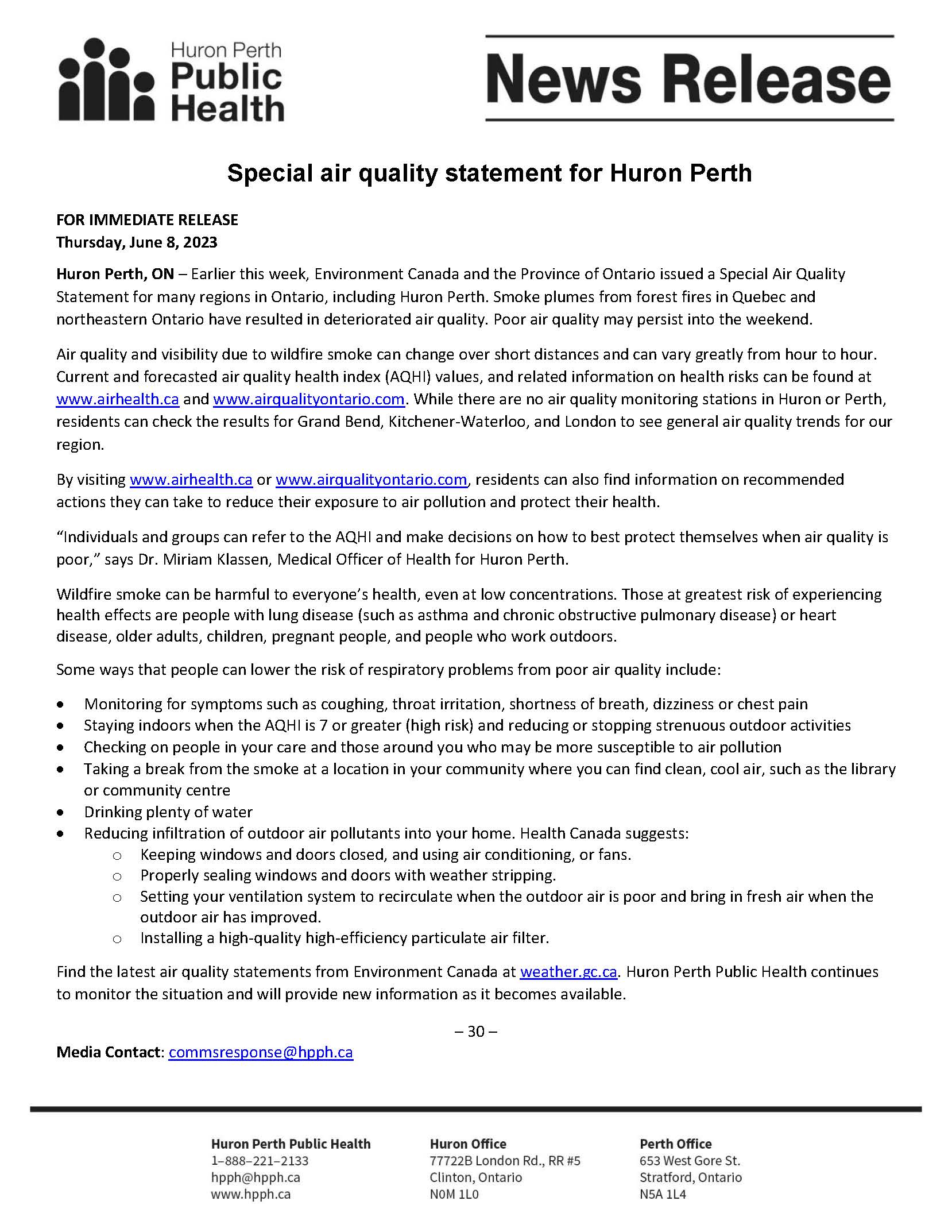 Press Release from Huron Perth